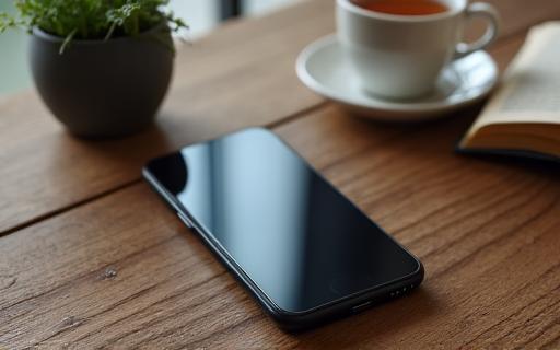Ein Smartphone liegt mit dem Bildschirm nach unten auf einem Holztisch.