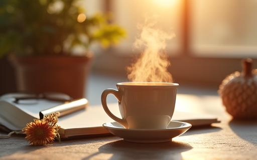 Eine dampfende Kaffeetasse neben einem offenen Notizbuch bei Sonnenaufgang.
