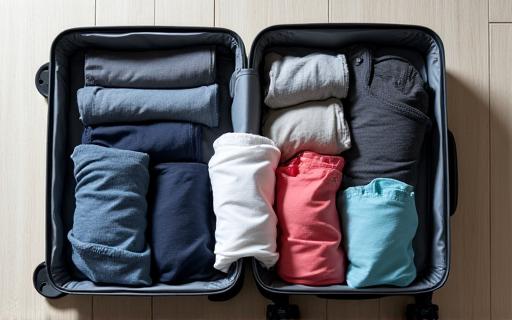 Ein ordentlich gepackter, offener Koffer mit platzsparend gerollter Kleidung.